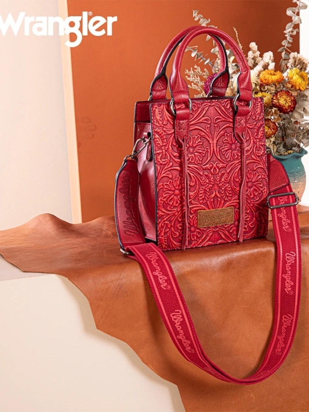Wrangler Embossed Tooled Leather Top Handle Crossbody Western Bag Red NWT - Picture 7 of 11